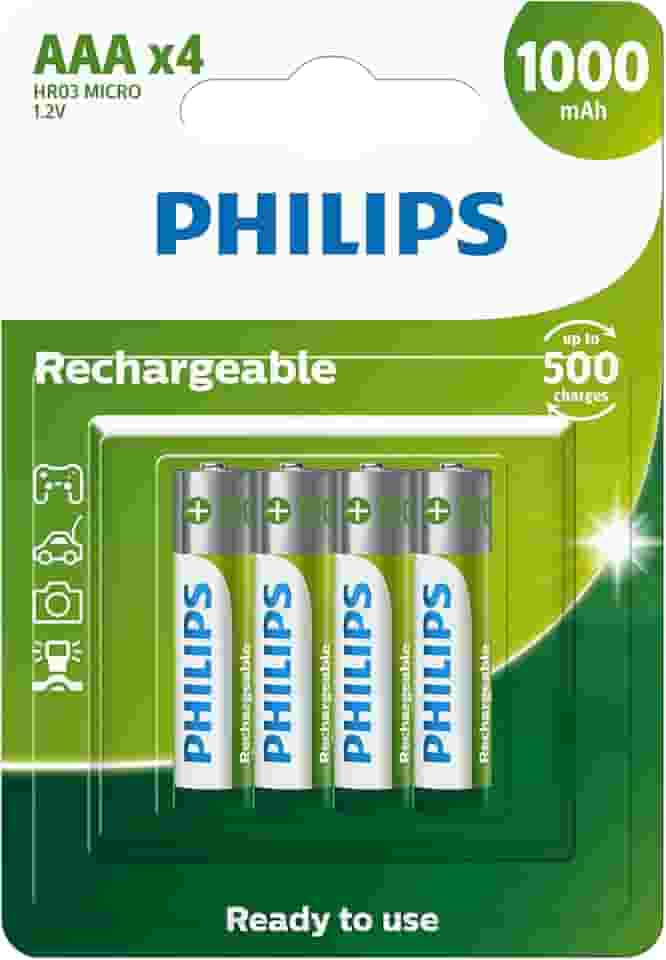 Pilha recarregável AAA 1.2V 1.000mAh, PHILIPS, padrão, R03B4RTU10/59