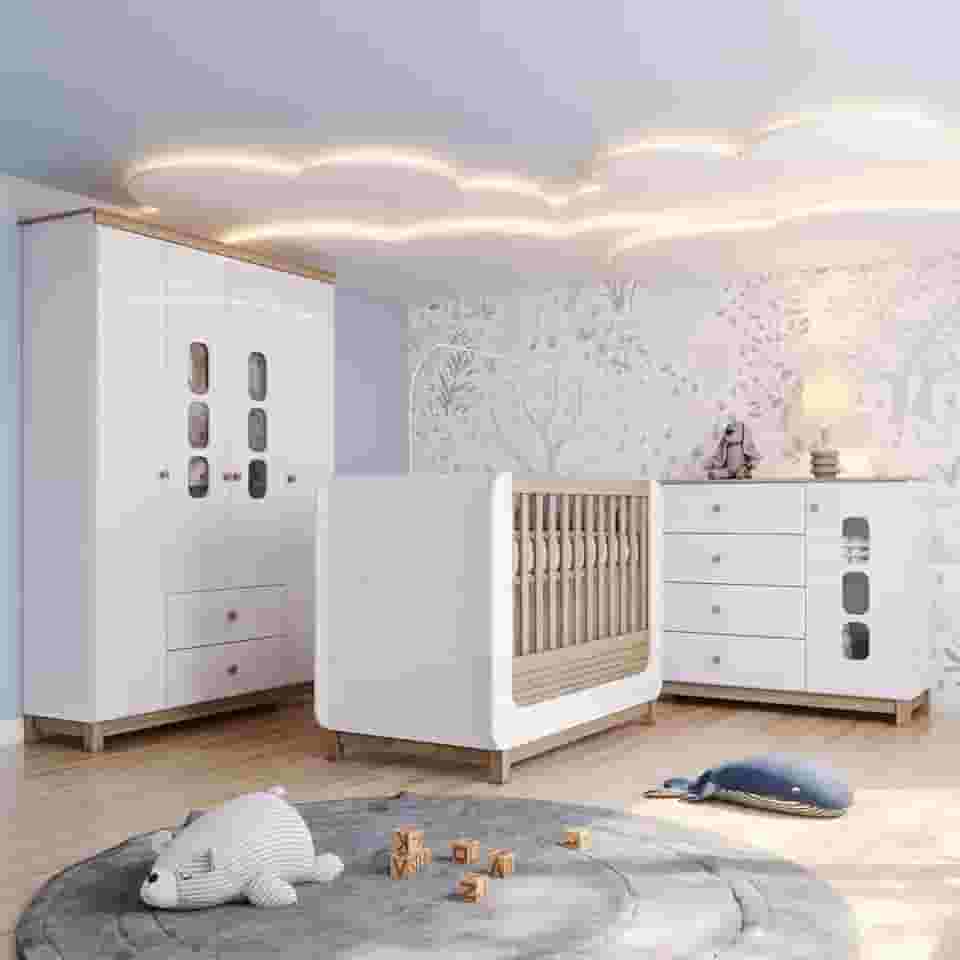 Conjunto Quarto de Bebê Completo Berço 2 em 1, Guarda-roupa e Cômoda Sophia Branco e Jequitiba