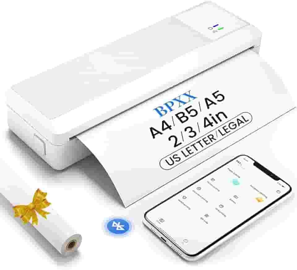 Impressora portátil P83 para viagem sem fio, impressora térmica sem tinta, suporta 21,6 cm x 28 cm e papel térmico A4, impressora móvel Bluetooth compatível com iPhone e laptop Android, branca