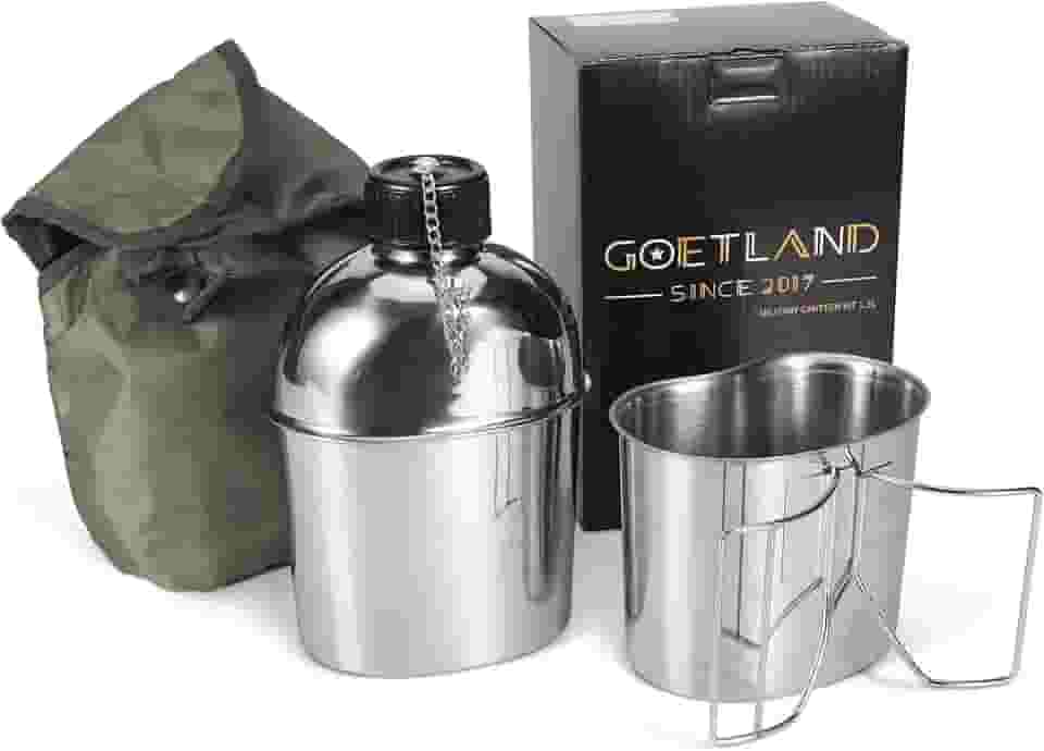 Goetland Kit de cantina militar WWII US de aço inoxidável 1QT com tampa de nylon de 0,5QT Cup G.I., 1.2QT With 0.6QT Butterfly Handle Cup