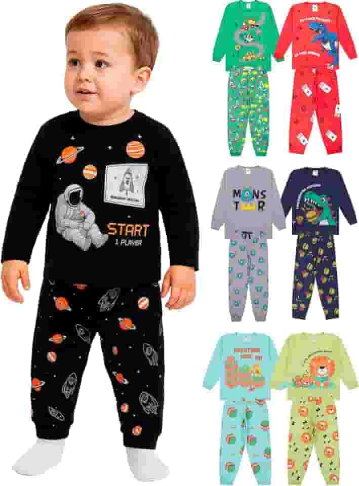 Kit Sortido 6 Peças Pijamas Longos Infantis Menino - 3 Conjuntos Pijama Masculino Infantil de Algodão