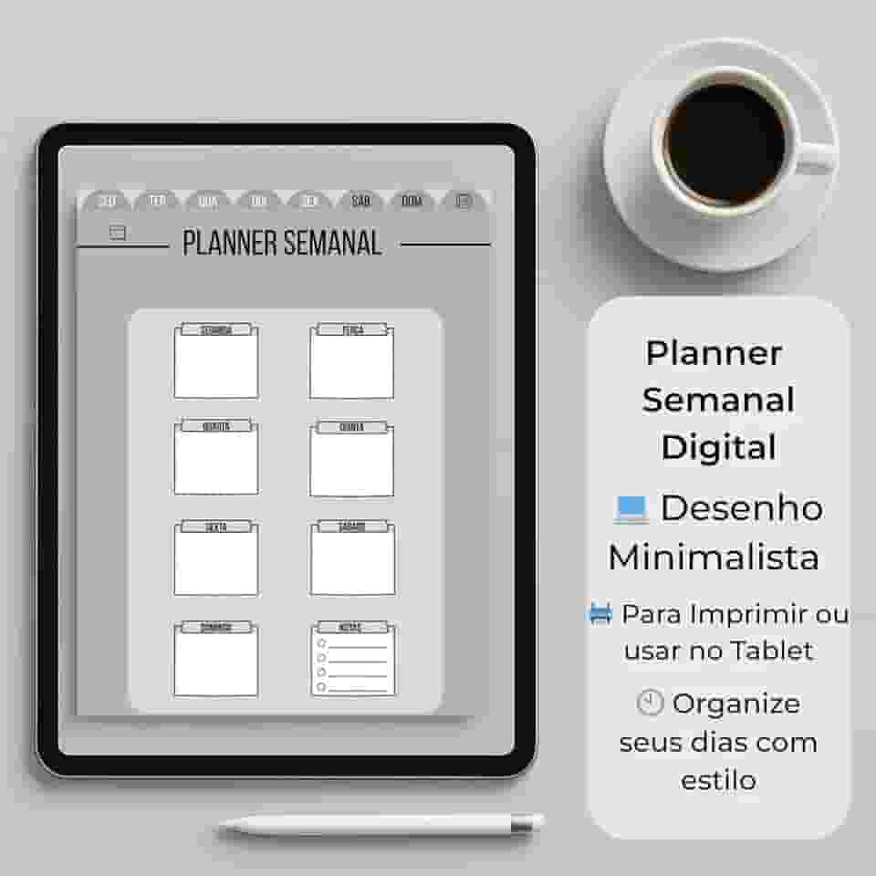 Planner Semanal Digital Minimalista, Para Tablet ou Impressão, Design Elegante com Layout Diário e Seção de Notas