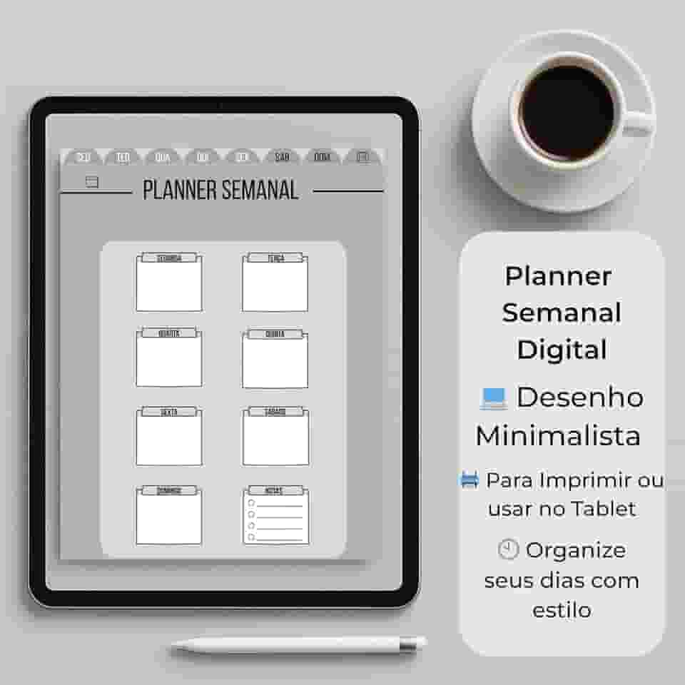 Planner Semanal Digital Minimalista, Para Tablet ou Impressão, Design Elegante com Layout Diário e Seção de Notas