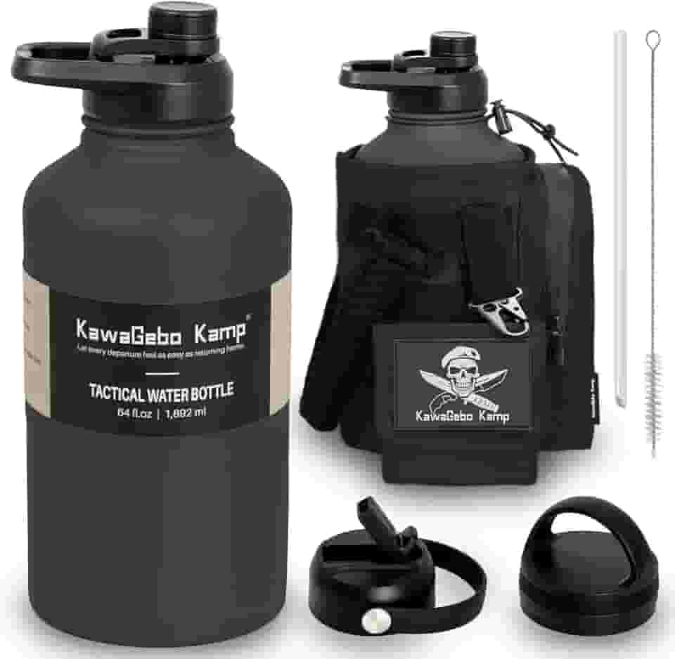 KawaGebo Kamp Garrafa de água tática de 1,8 litro com canudo - Jarro de água de aço inoxidável de 1,8 l com 3 tampas, alça de paracord, sistema Molle