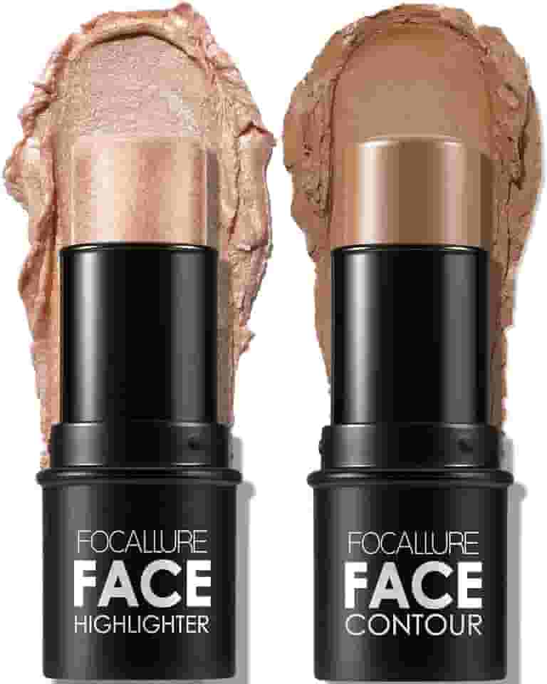 FOCALLURE 2 peças de bastão de contorno de creme mineral, iluminador hidratante e caneta bronzeadora, lápis antiaderente, iluminador facial de longa duração e suave, médio