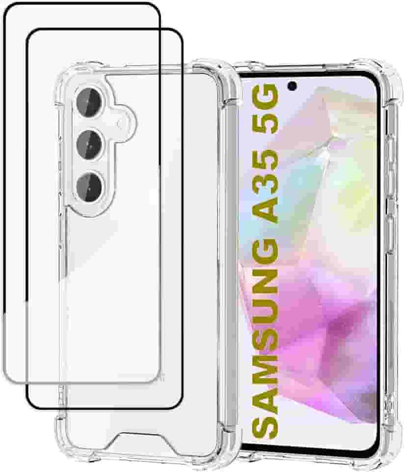 USTIYA Kit Capa Película Protetora de Vidro Temperado para Samsung Galaxy M55 5G Case Acrílico + TPU Rígido Capinha, Protetora de Câmera Cover Anti-Amarelo Traseira