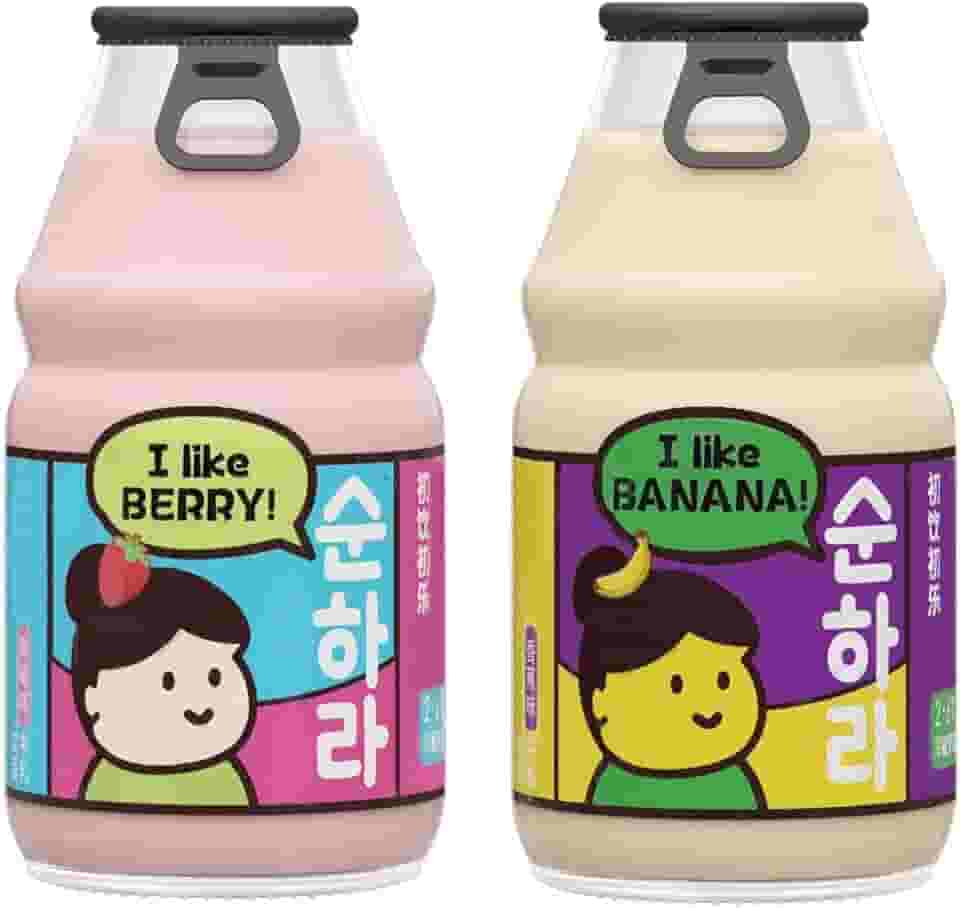 Bebida Leite de Banana ou Morango 230ml Vidro | Bebida Láctea Cremosa | Importada | Sabor Delicioso | Mimos Korea (Kit com 2 (morango e banana))