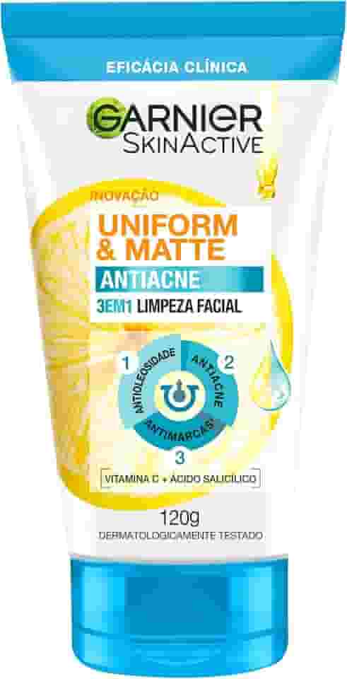 Garnier Uniform & Matte, Sabonete Facial 3 em 1 Antiacne, Tratamento com Ácido Salicílico e Vitamina C para Pele Oleosa, Ação Antioleosidade e Antimarcas, 120g