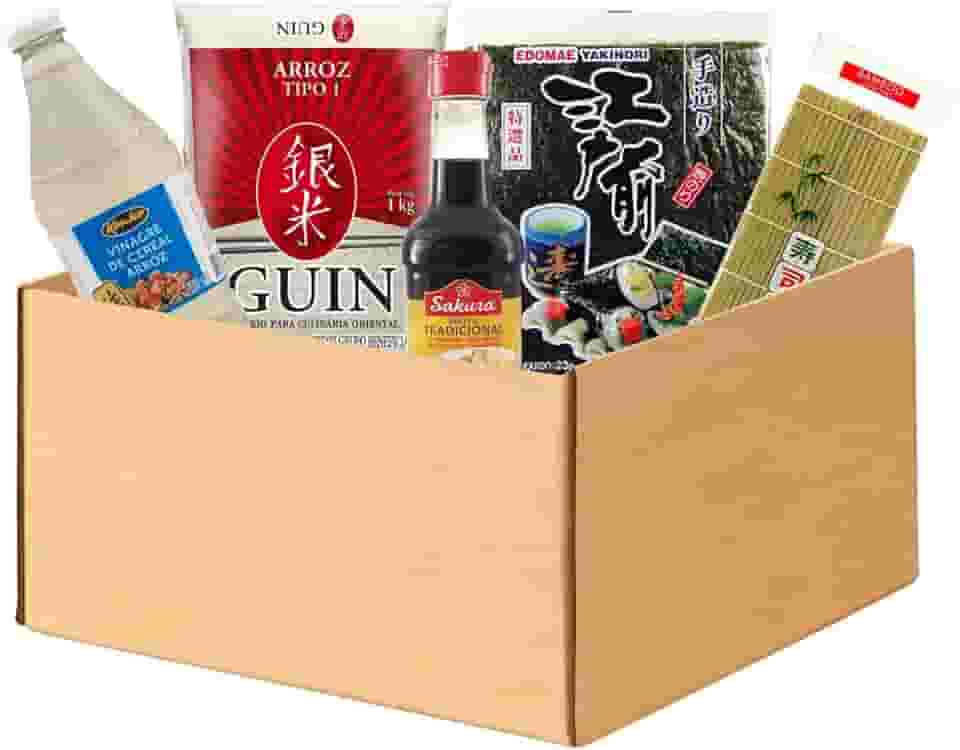Kit Genérico de Sushi Oriental para Preparo - Esteira de Bambu, Alga, Arroz, Shoyu e Vinagre