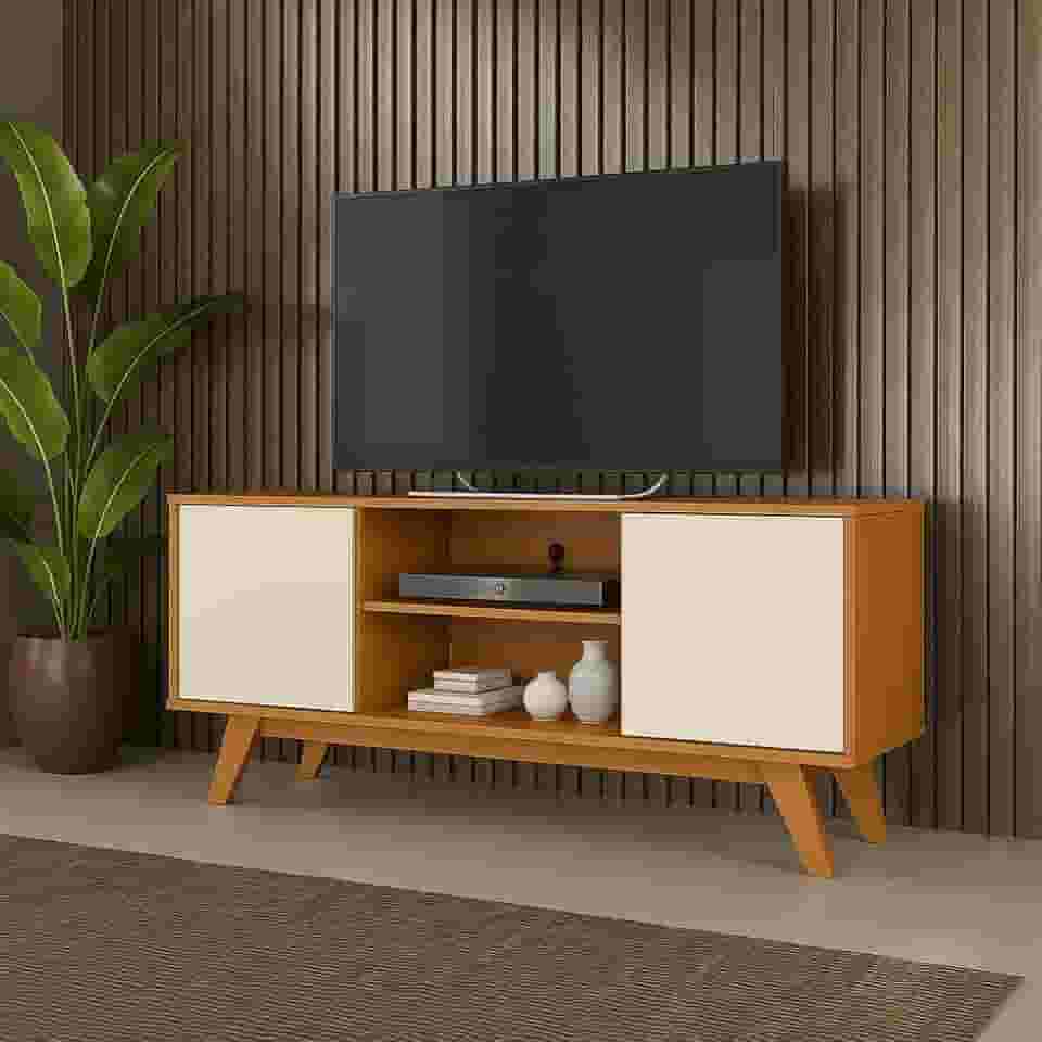 Rack Estante Multifuncional Para Sala de Estar com Prateleira, Porta e Organizador (Cedro/Off)