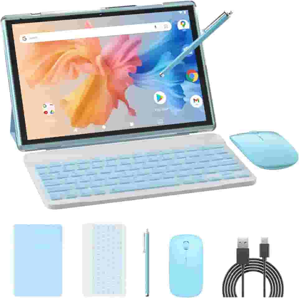 NOVOJOY Tablet 2 em 1, tablet Android 14 de 10 polegadas, tablets com teclado, mouse, capa, caneta, 64 GB de ROM + 8 GB de RAM, câmera dupla de 2 MP + 8 MP, processador Quad Core, bateria de 6000 mAh