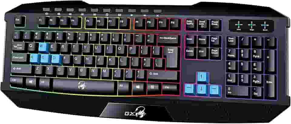 Teclado Gamer Genius Scorpion K215 (USB/Tecla côncava/Multimídia/Resistente à Respingos/Iluminação Rainbow 7 cores/Cabo 1,5m)