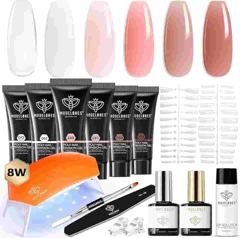 modelones Poly Nail Gel Kit 6 Colors with 8 W Lamp Nail Extension Gel Kit Nude Clear Pink Natural Complete for Beginner Thickening Solutions DIY at Home for Women