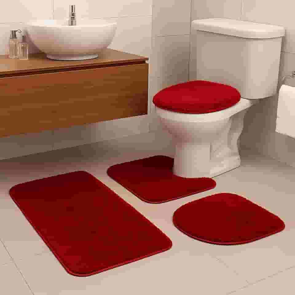 Jogo De Tapete Para Banheiro 3 Peças Antiderrapante Algodão (Vermelho)