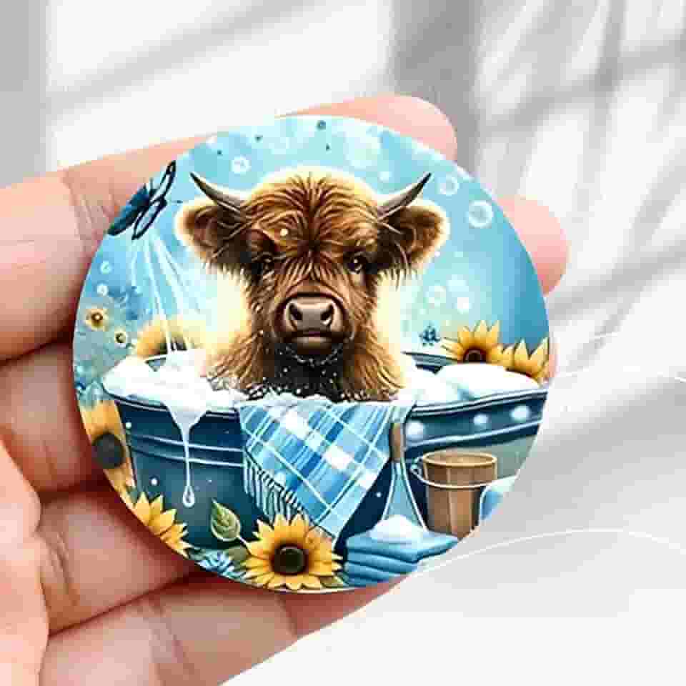 Ímã de geladeira vintage fofo bezerro banho bolha girassóis design -5,8 cm acrílico redondo adesivo de geladeira decoração retrô presente tamanho perfeito para geladeira, armário ou qualquer
