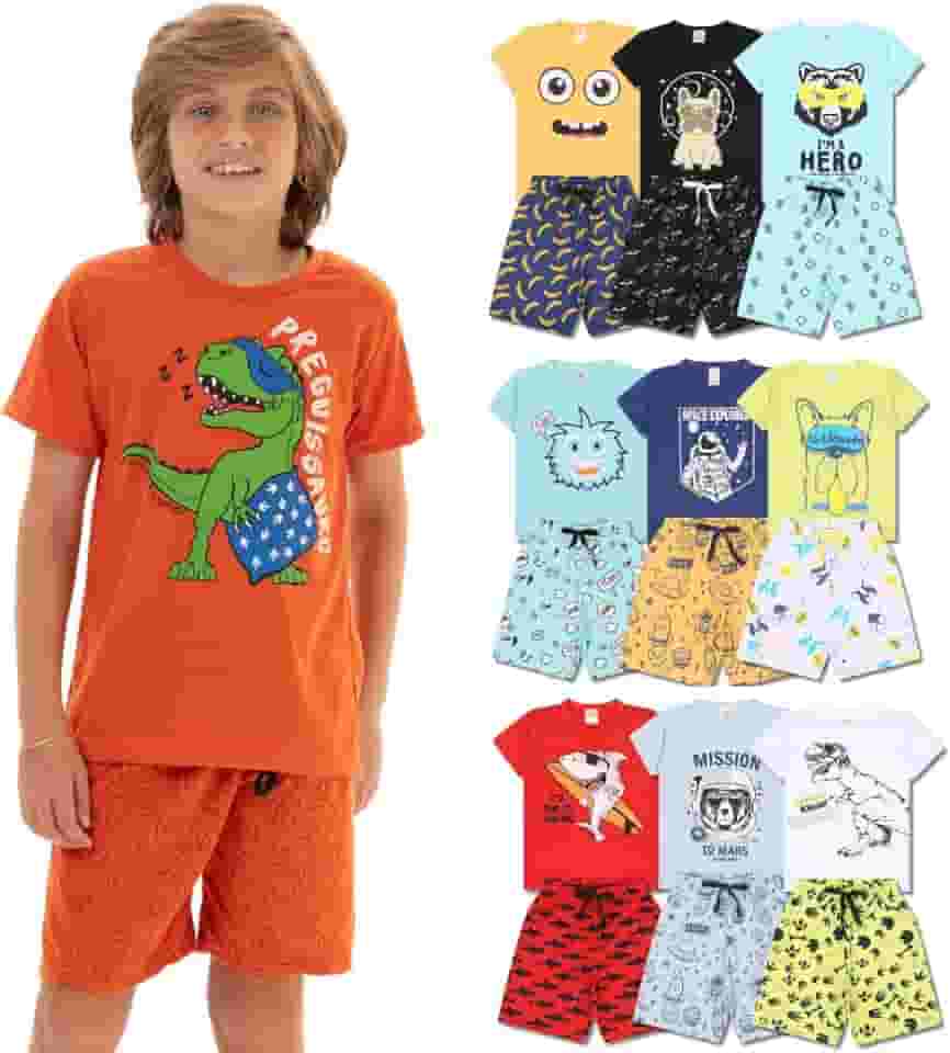 Kit Sortido 8 Peças de Pijama Infantil Menino - 4 Conjuntos Pijama Curto Masculino Verão Bebê Confortável