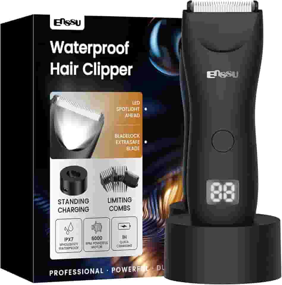 ENSSU Aparador de pelos corporais masculino – Aparador Meridiano à prova d'água com luz LED, motor rápido de 6000 RPM, 5 configurações de comprimento, IPX7 para púbico, peito e bolas (Preto)