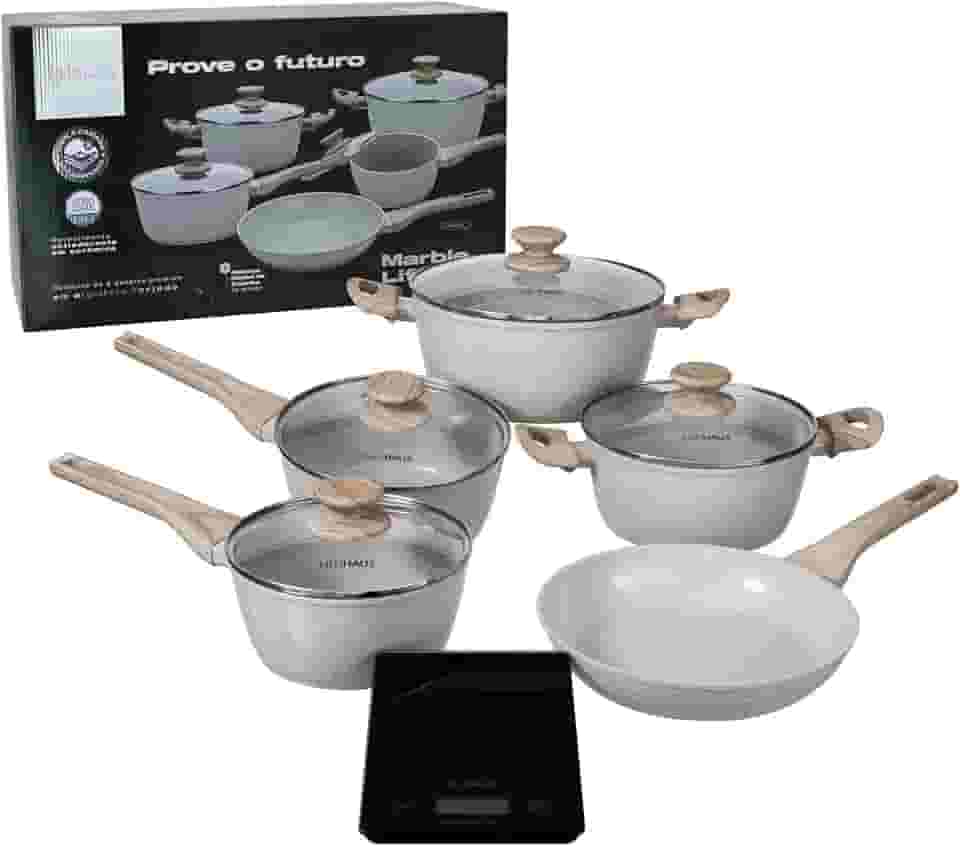 NEUHAUS Jogo de Panelas 5 Peças com Revestimento Cerâmico + Balança Digital Marble Life - Vanilla