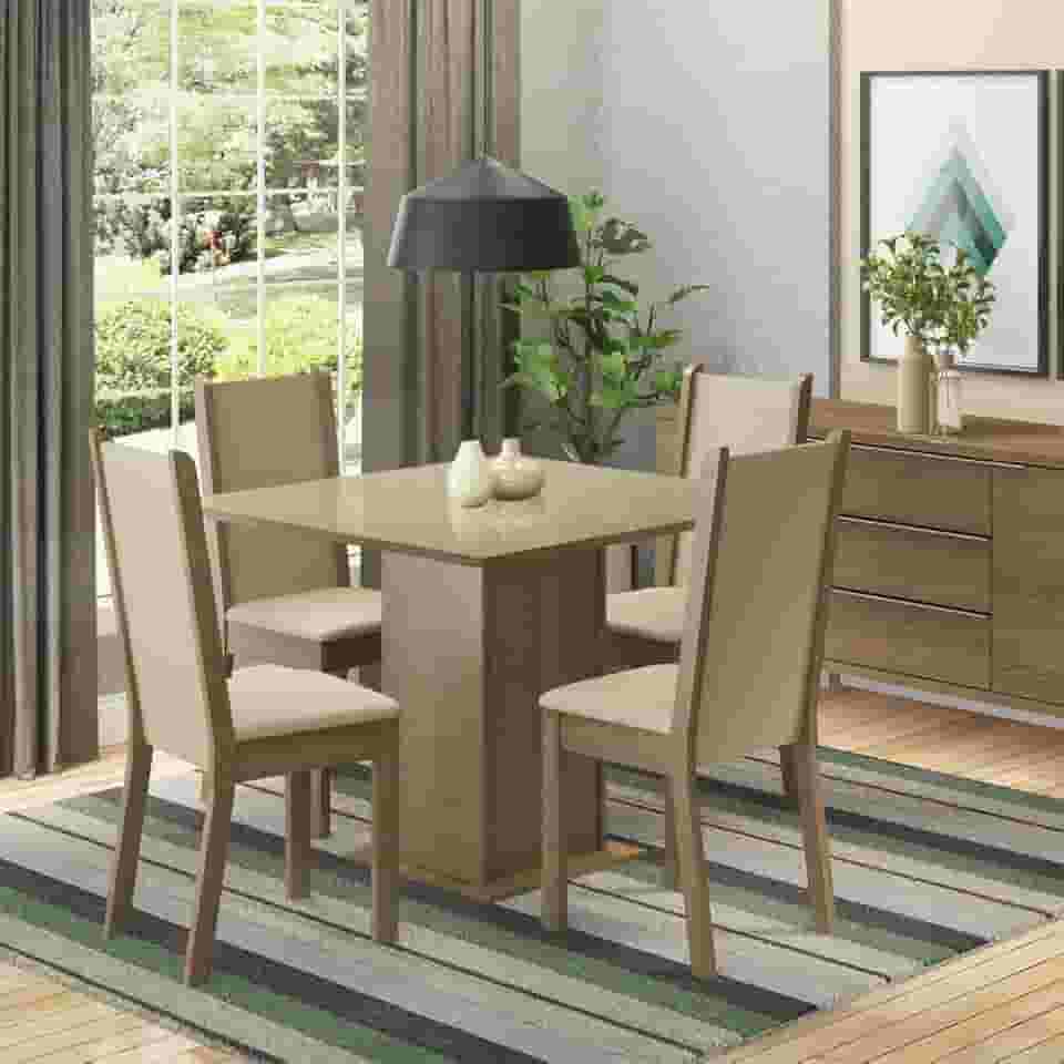 Conjunto Sala de Jantar Madesa Moscou Plus Mesa Tampo de Vidro com 4 Cadeiras - Rustic/Crema/Pérola