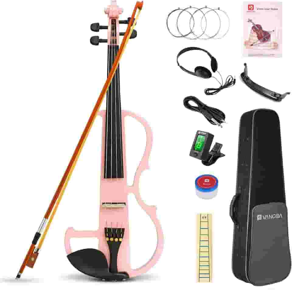 Vangoa Conjunto de violino elétrico 4/4 tamanho completo para adolescentes iniciantes e adultos, madeira de bordo metálica, eletrônica, com acessórios de ébano, rosa