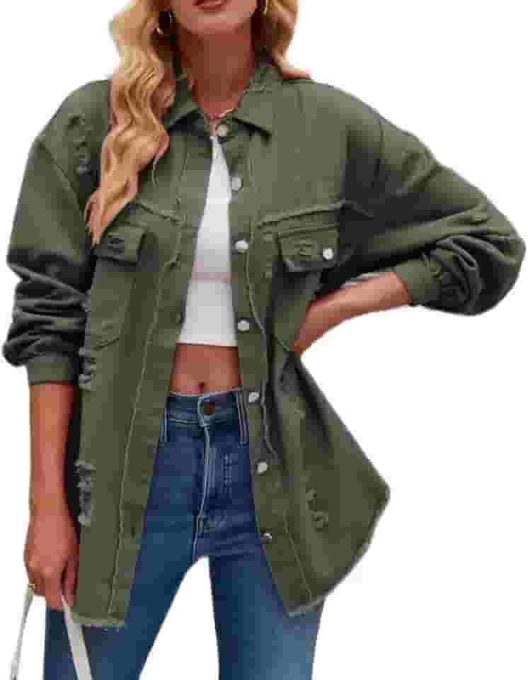 Jaqueta jeans feminina casual de botão grande, manga comprida, bainha desgastada, jaqueta moderna ocidental