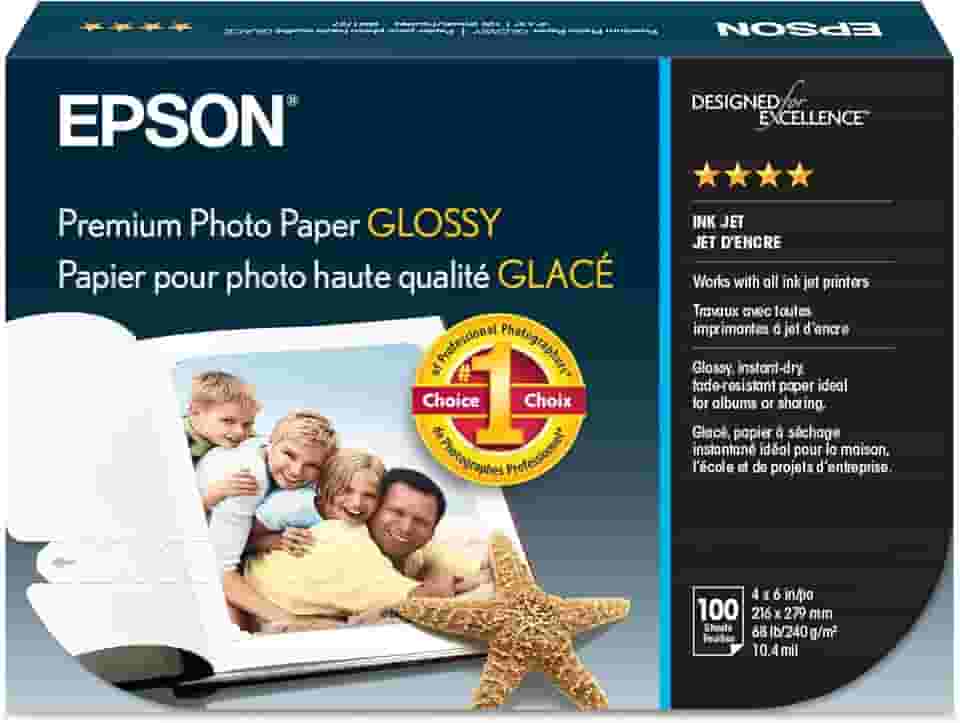 Epson Papel fotográfico premium S041727, 30 kg, alto brilho, 10 x 15 (pacote com 100 folhas), branco