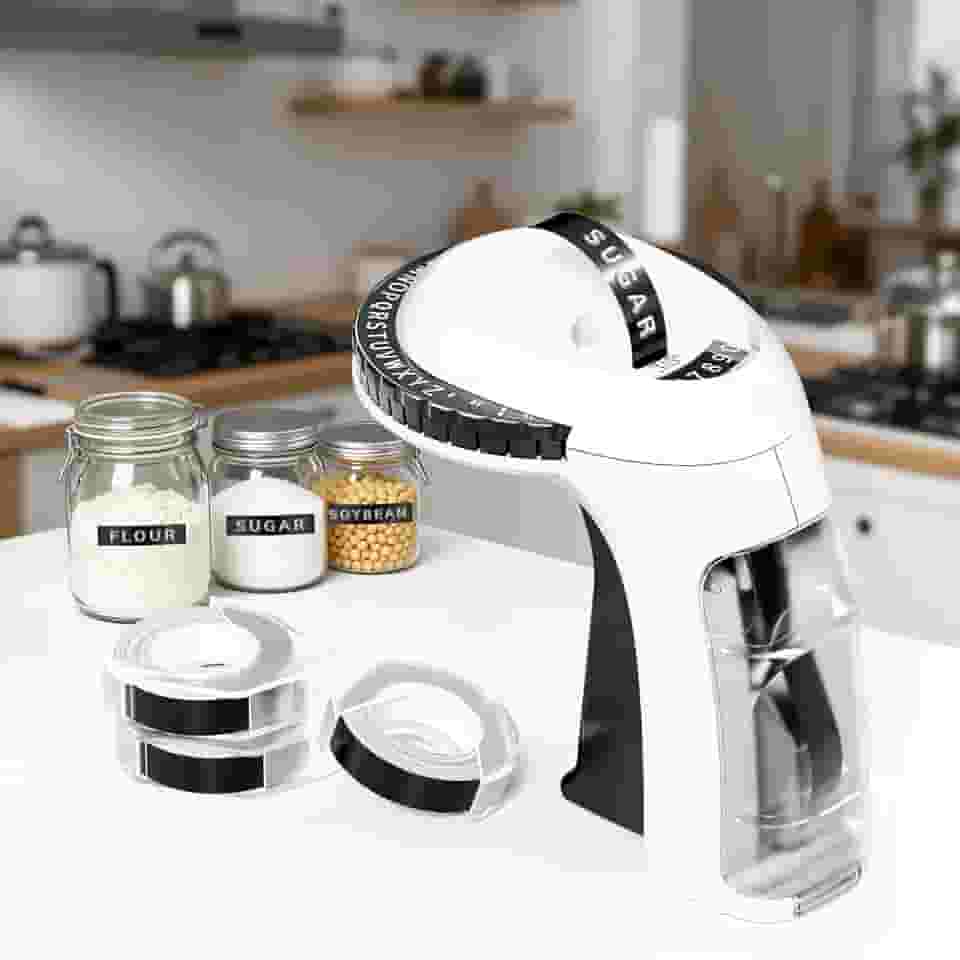 Máquina de fazer etiquetas em relevo clássica 3D com fitas, etiquetadora portátil Omega S com 3 rolos de 9 mm x 3 m de etiquetas para casa e escritório, branco e preto