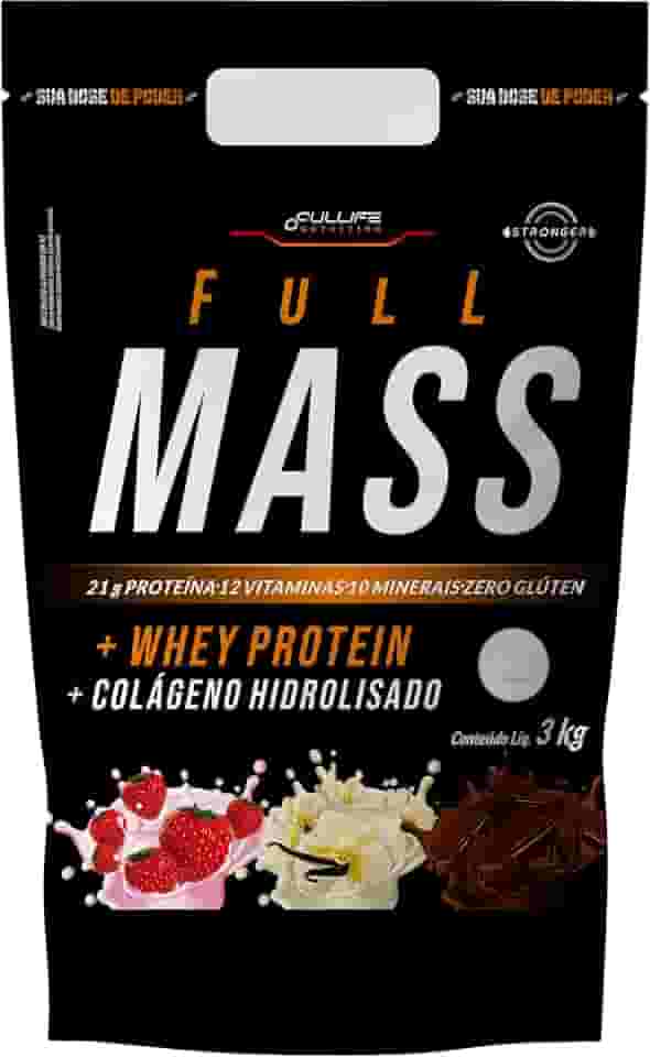 Fullife Nutrition, Full Mass, Hipercalórico, 21g de proteína + 12 vitaminas e 10 minerais, Sabor Morango, Pouch, 3 Kilos • 19 Doses