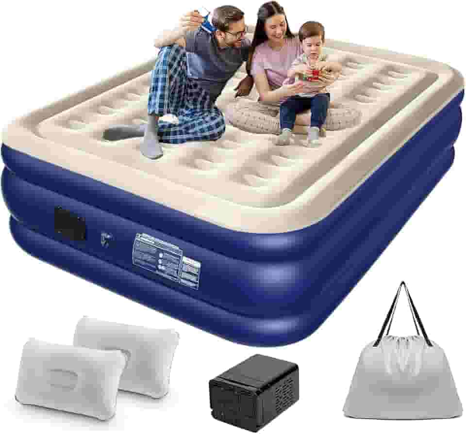 Colchão Inflável Queen Size 205 * 155CM com Bomba de ar Elétrica Recarregável Embutida, Inflação e Deflação Rápidas e Automáticas, para Viagens e Acampamentos (Azul e Branco)