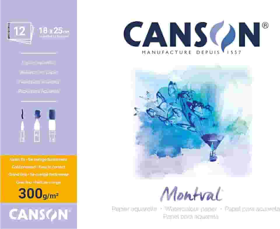 CANSON Montval, Bloco Colado por 1 Lado de Papel para Aquarela, Grão Fino, Tamanho 18x25cm com 12 Folhas, Gramatura 300 g/m²
