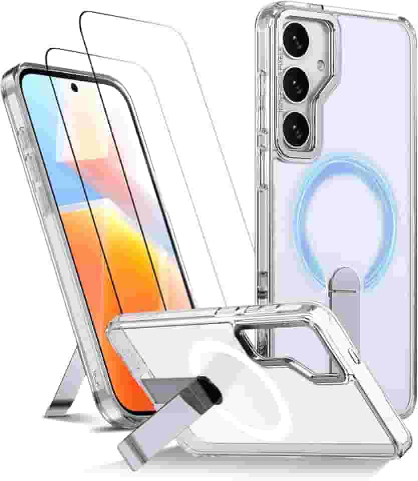 Capa para Samsung Galaxy S24 FE Capinha - Compatível com MagSafe, com protetor de ecrã temperado de 2 peças, estojo ultrafino resistente a choques e quedas com suporte ajustável - Transparente