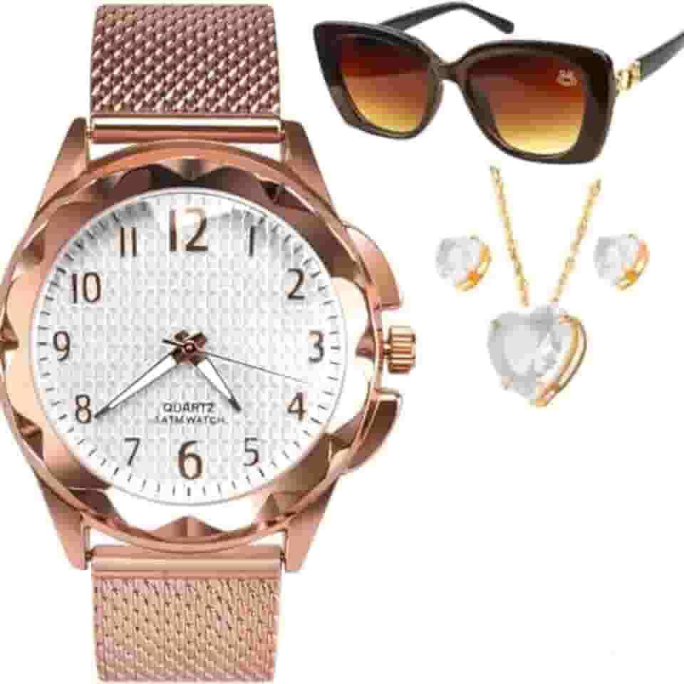 Relogio feminino prova dagua social medio + caixa presente premium + oculos sol original + kit joias colar e brincos folhadas moda casual luxo