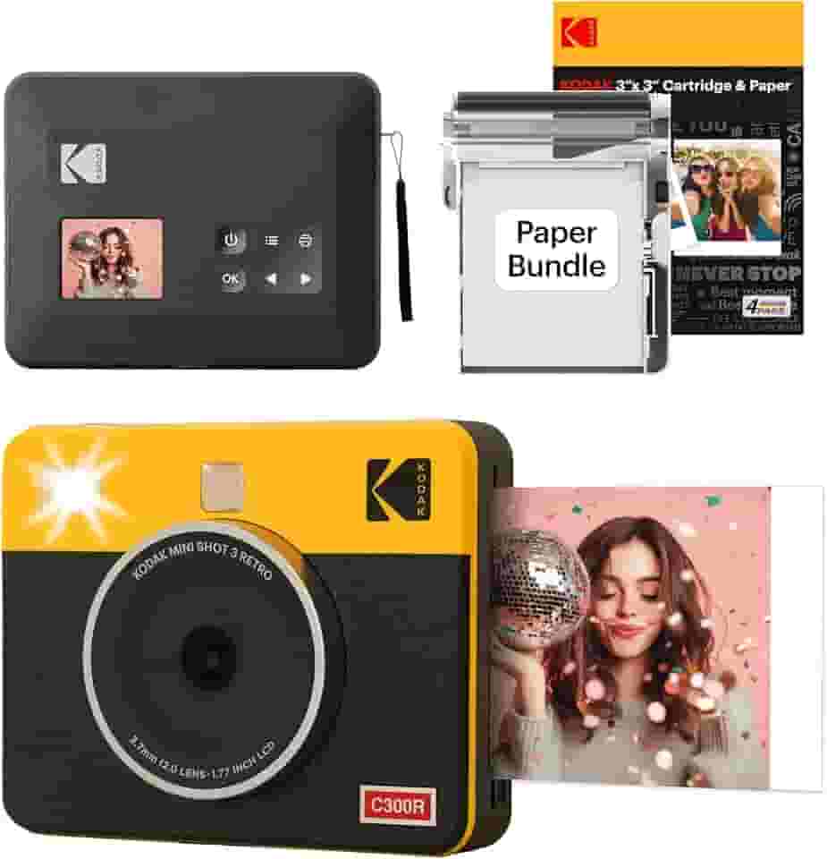 Kodak Mini Shot 3 Retro - Câmera Instantânea e Impressora Fotográfica 2 em 1 (60 folhas), foto 7,6 x 7,6 cm, compatível iOS e Android, Bluetooth,4PASS alta definição e acabamento laminado – Amarela