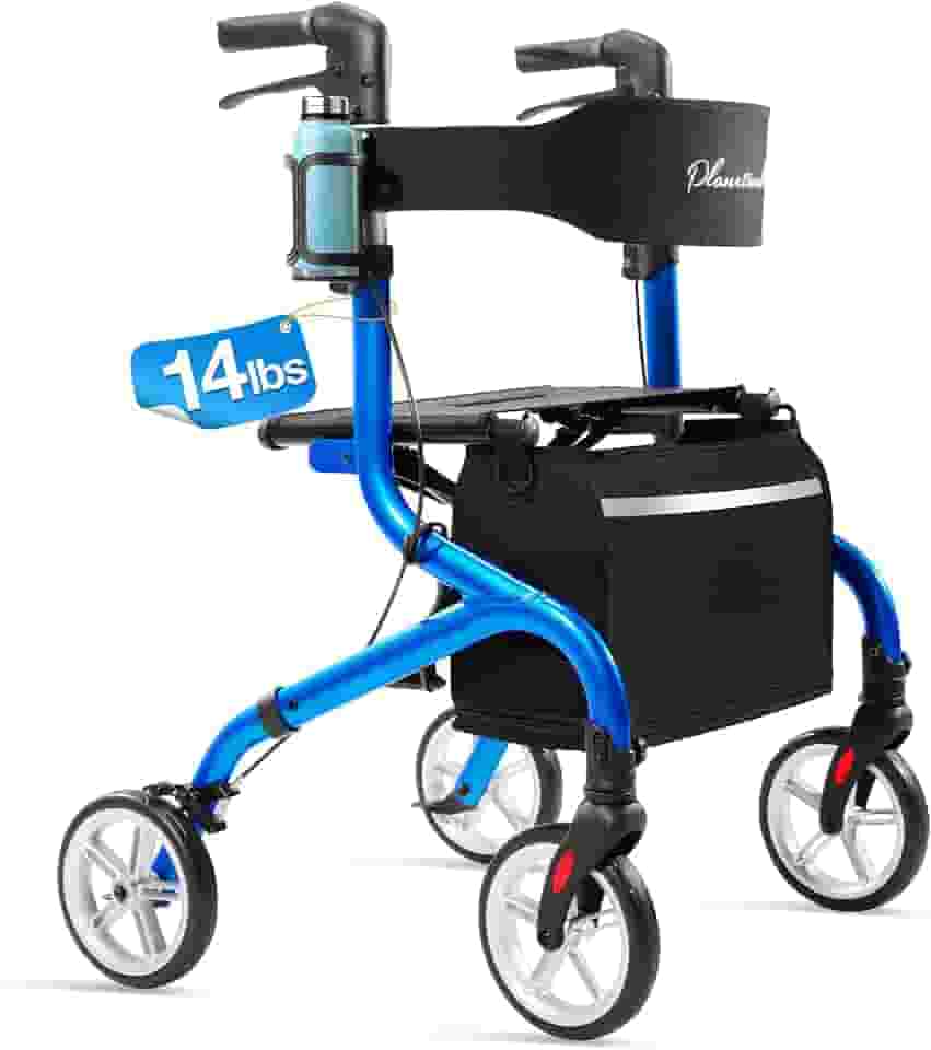 Andador Rollator Superleve Para Idosos, Andador Dobrável Com Assento E Rodas De Borracha De 8" Para Todos Os Terrenos, Botão De Ajuste De Altura Aprimorado Com Porta-Copos, Azul