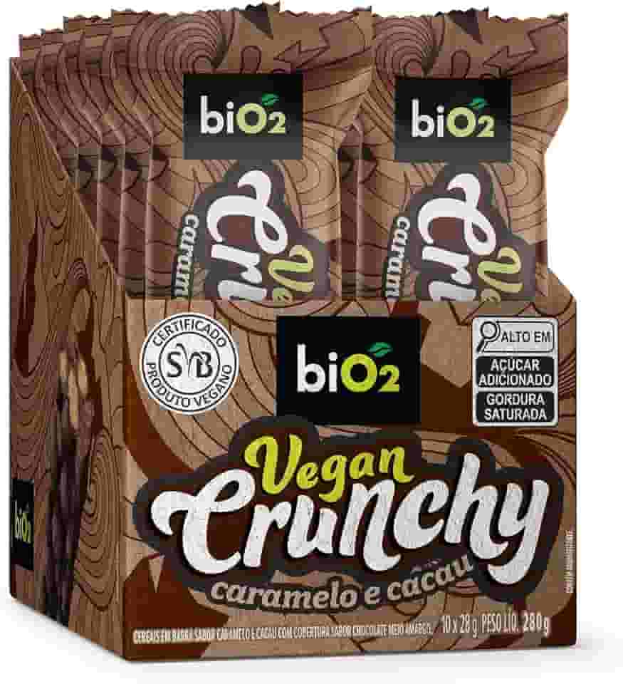 Barra de Cereal biO2 Vegan Crunchy Caramelo e Cacau, Caixa com 10 unidades de 28 g, Vegana e sem Glúten