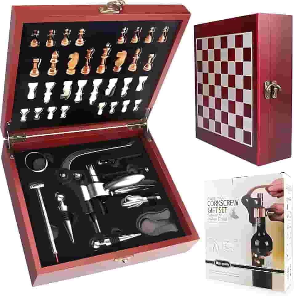 Abridor de vinho 2 em 1 e conjunto de xadrez para amantes de vinho Caixa com tabuleiro de xadrez, peças de xadrez/Abridor de garrafas Kit Abridor Vinho Aço Inoxidável 9 Pçs