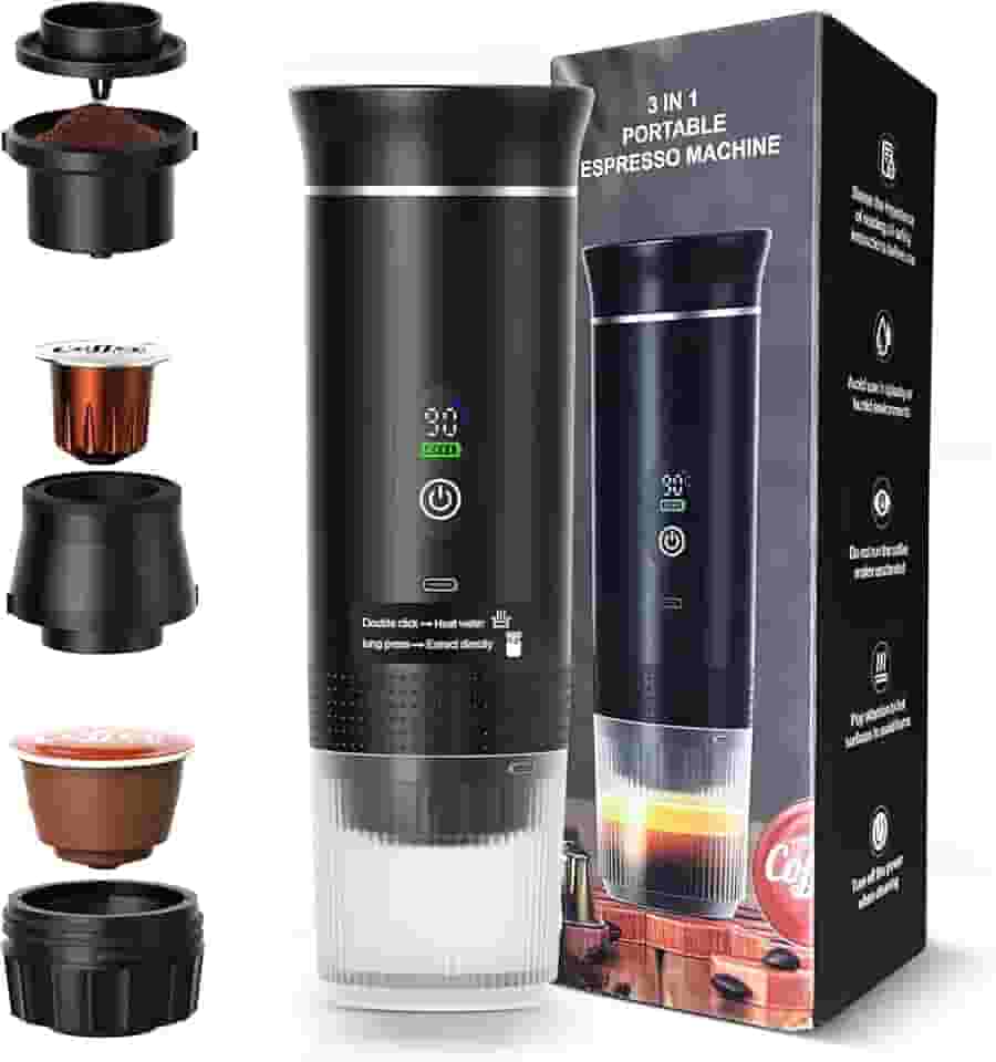 Máquina de Café Portátil 3 em 1, Cafeteira Expresso Portátil Elétrico com Bateria 2500mAh, Display Digital, Compatível com Cápsulas e Pó, 72W, 150ml, Preto