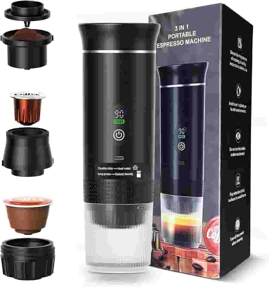 Máquina de Café Portátil 3 em 1, Cafeteira Expresso Portátil Elétrico com Bateria 2500mAh, Display Digital, Compatível com Cápsulas e Pó, 72W, 150ml, Preto