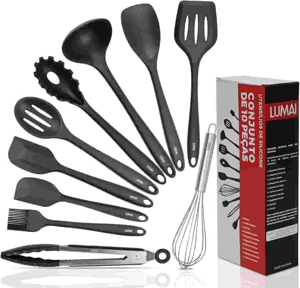 LUMAI Kit 10 Utensílios de Cozinha em Silicone e Aço Inox, Resistentes ao Calor e Antirriscos, Não Arranham Panelas, Conjunto Acessórios de Cozinha Completo com Espátula, Pegador, Concha, Colher Preto