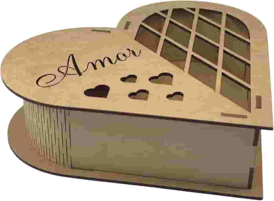 Caixa MDF Presente Coração 22x19x6cm Design Moderno Com Frases Românticas Ideal Para Montar Um Presente Cheio de Mimos. Certamente Irá Encantar a Pessoa Amada! (Amor)