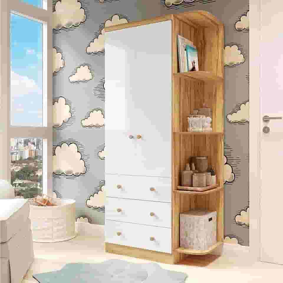 Guarda-Roupa Infantil 2 Portas 3 Gavetas e Prateleira Externa 100% MDF Smim Branco Brilho/Amêndoa