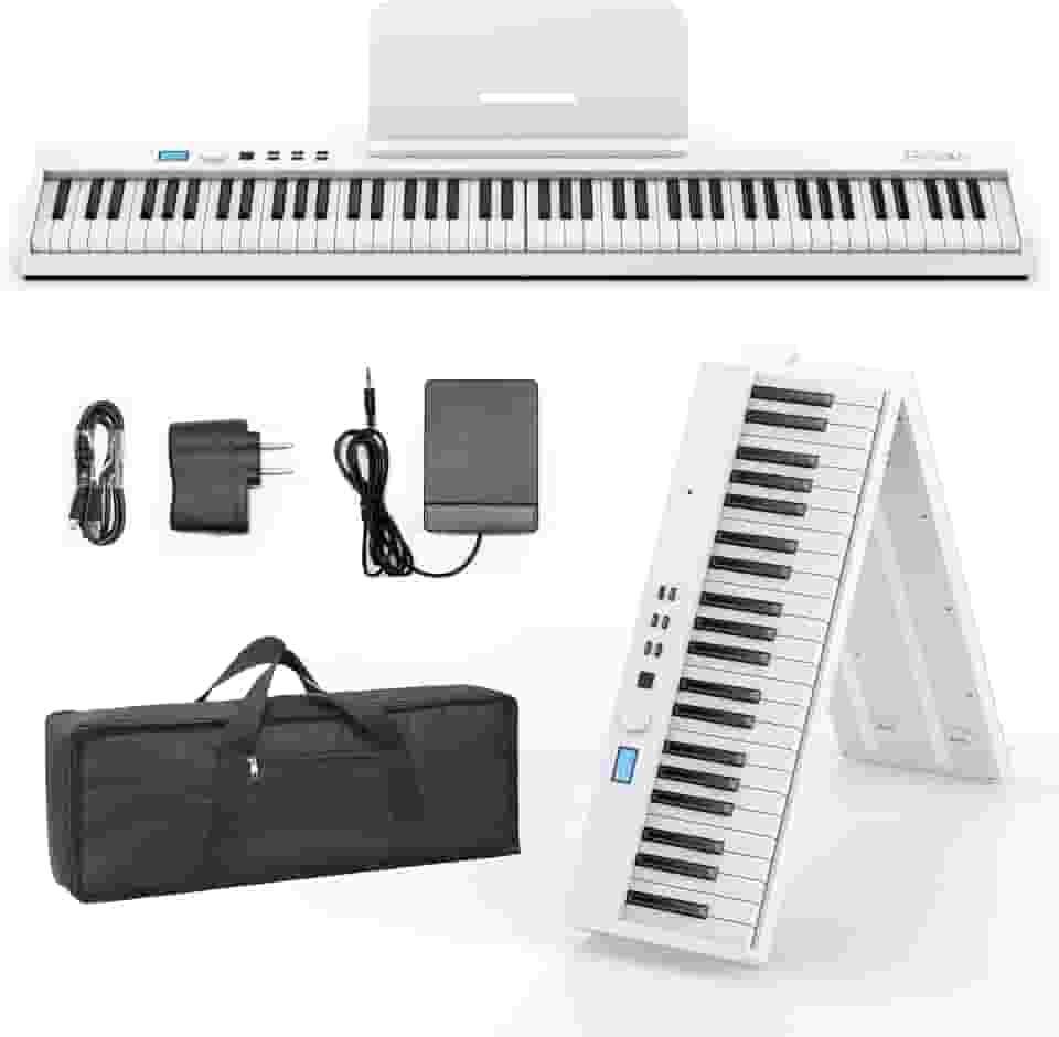 BESFAN Piano BSP-10F com teclado portátil de 88 teclas, teclado semipesado, 128 tons, USB MIDI, pedal de sustentação, suporte de música para presentes iniciantes, branco