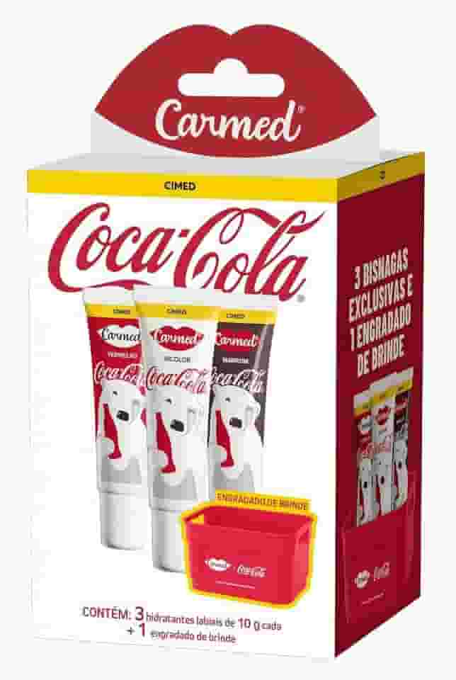 Kit Hidratante Labial Carmed Coca-Cola Cor Vermelho, Incolor e Marrom 10g Cada + Engradado