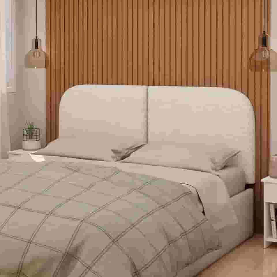 Cabeceira Estofada Orgânica para Cama Casal, 140 cm, Tecido Bouclé Bege, Montagem na Parede