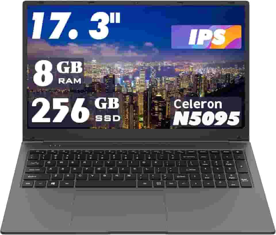 Laptop de 17,3 polegadas: processador Celeron N5095 (até 2,9 GHz), 8 GB de RAM + armazenamento SSD de 256 GB, SO Win 11, com WiFi, USB 3.0, webcam – ideal para estudantes e uso comercial