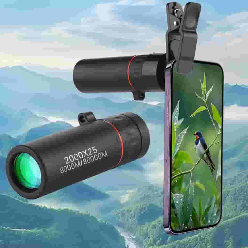 Mini telescópio monocular com suporte de telefone, monóculos HD atualizados 30 x 25 para adultos de alta potência, para observar estrelas, caça, preto