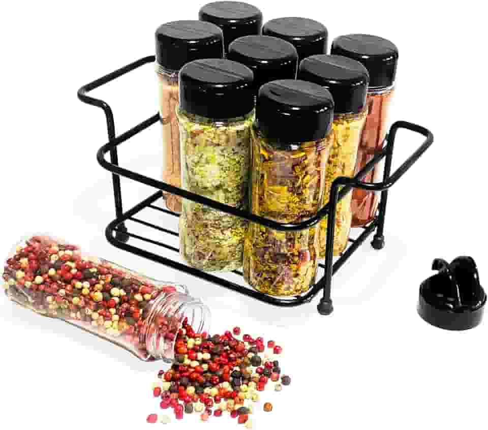 Porta Tempero Condimento 9 Potes Plástico Tampa Dosadora Suporte Preto Organização Cozinha