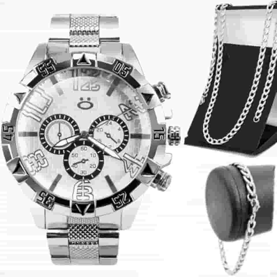 Relógio Masculino Prova D' Água Prata Grande + Cordão e Pulseira Aço Inox + Caixa Original Presente