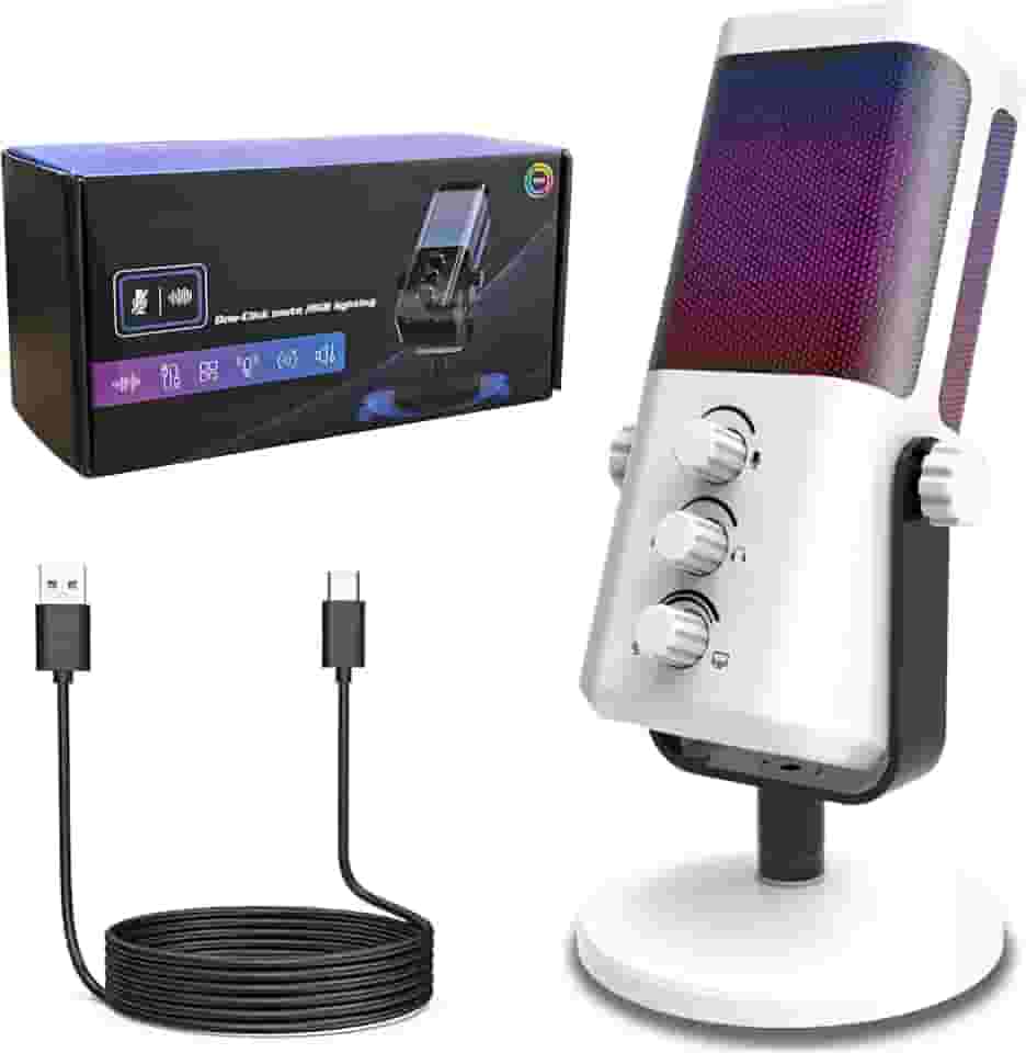 Microfone de Mesa XLR/USB para Podcasting, Microfone Gamer para PC com Controle de Ganho, Botão de Mudo, Saída de Monitor e Funcionalidade Plug-and-Play (Branco)