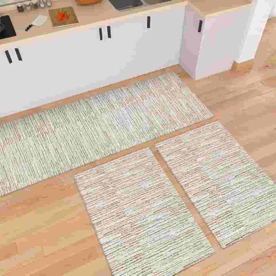 Tapete Kit de Cozinha Antiderrapante 3 Peças Mesclado Geométrico Conjunto Passadeira 1,30m x 45cm Capacho 65cm x 45cm Jogo Artesanal Cru Caramelo Preto (Riscato Caramelo)